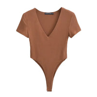 Women'S V-Neck Short Sleeve High Split Bodysuit Stretchable Slim Top Jumpsuit