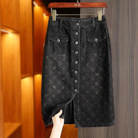 Spring Love Jacquard Denim Skirt Women Autumn 2025 New Casual Slim Split Buttock Skirt with Pockets Female Long Denim Skirts