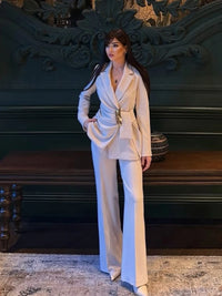 Lapel Coat Long Pant Suit Women Elegant Full Sleeve Waist Cinching Blazer Wide-Leg Pants Set Fashion Lady Daily Commute Outfit