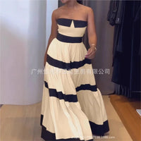 Women Fashion New Elegant Long Dress Patchwork Bowknot Strapless Sleeveless Backless High Waist Stripes Long Dress Party Female