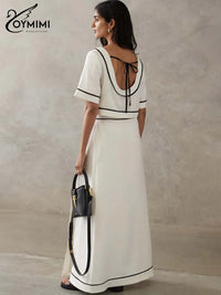 Oymimi Fashion White Cotton Two Piece Outfits Woman Elegant O-Neck Patchwork Short Sleeve Open Back Tops and Straight Skirts Set
