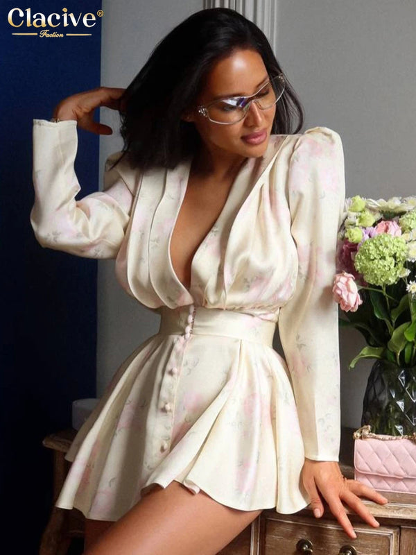 Fashion Loose Print Women'S Dress Sexy V-Neck Long Sleeve Mini Dresses Elegant Classic Pleated Female Dress Streetwear