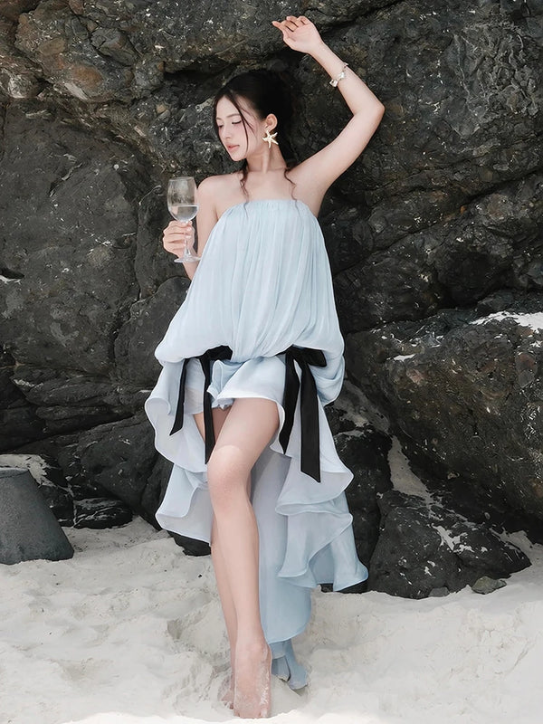 Elegant Dress Women Bow Tassel Decoration Irregular Ruffles Hem Chest Wrap Folds Sleeveless Birthday Party Bodycon