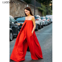 Sexy Breast Wrap Jumpsuit Women Red Summer Thin High Waist Pocket Lady Loose Elegant Wide Leg Pants Long Jumpsuits