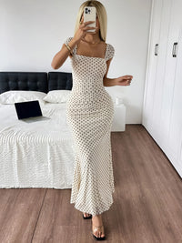Elegant Lady Polka Dot Print Knitted Long Dress with Square Collar Tight Mermaid Skirt and Split Design for Women
