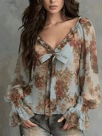 Vintage Floral Print Chiffon Blouse, Women'S Long Sleeve Ruffle V-Neck Front Tie Boho Casual Flowy Shirt