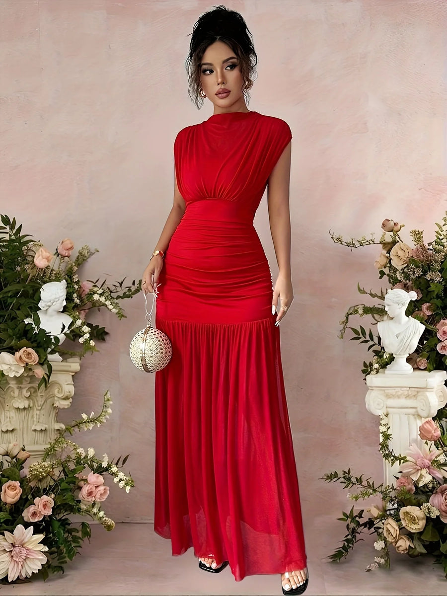 Elegant Red Long Sleeveless Women'S Dress Fashionable Knitted Polyester Gown with Pleats Hollow Out Design and Boat Neck
