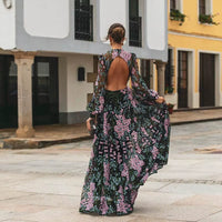 Elegant Floral Print Bohemian Long Dress Women Casual Long Sleeve Slim Pleated Evening Dress Sexy O Neck Backless Party Dresses