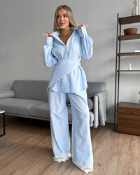 Women Blue Long Sleeve Turn-Down Collar Shirt Pants Set Fashion Cinched Waist Striped Top Wide-Leg Trousers Casual Office Outfit
