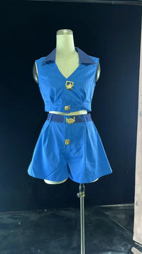 A New Fashion Retro Lapel V-Neck Spliced Spell Color Sleeveless Short Top and Short Pants. Casual Women'S Denim Two-Piece Set
