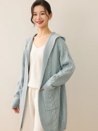 New Women 100% Merino Wool Knitted Solid Color Hodded Long with Two Pockets Cardigan Thick Comfortable Top Warm Soft Clothing