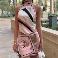 New Women'S Sexy Print Set Summer Beach Satin Halter Stripe Contrasting Print Backless Top Irregular Short Skirt Two-Piece Set