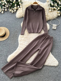 SINGREINY Women Fashion Simple Pants Suits Twist Drill Knit Zipper Sweater+Elastic Wide Leg Pants Autumn Knitted Casual 2Pcs Set