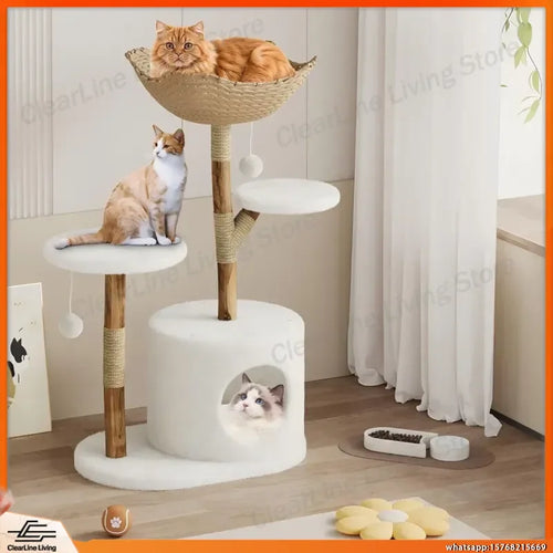Real Wood Modern Cat Tree Tower with Wicker Condo Scratching Post Bed Boho Luxury Pet Furniture for Indoor Cats Space Saving