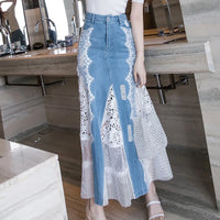 Long Maxi Denim and Lace Fish Tail Skirt Women S-XL Mermaid Style High Waist Summer 2025 Fashion New Ladies Skirts