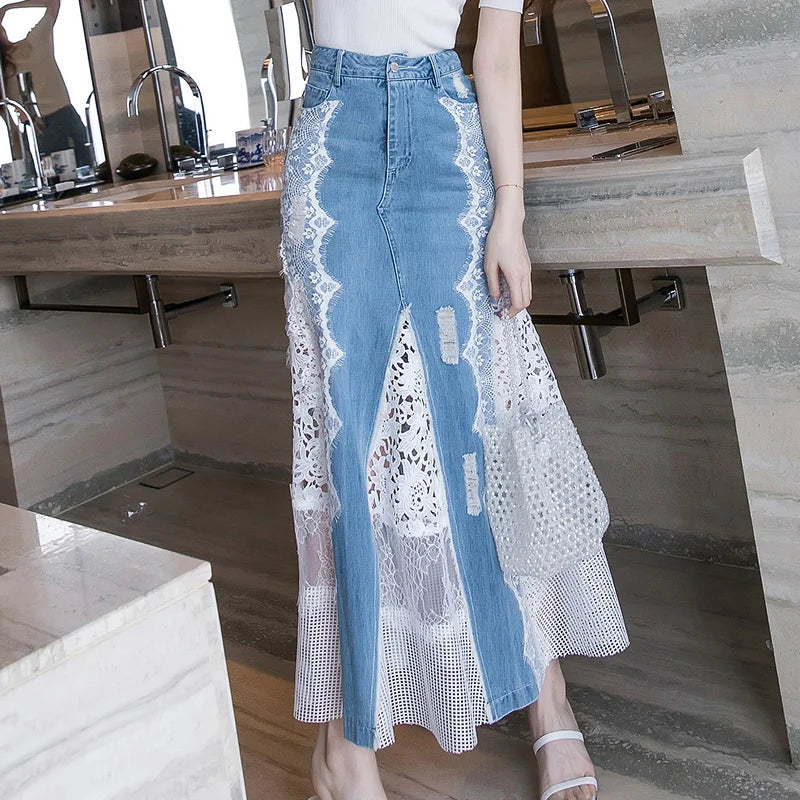 Long Maxi Denim and Lace Fish Tail Skirt Women S-XL Mermaid Style High Waist Summer 2025 Fashion New Ladies Skirts