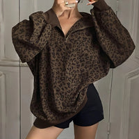 Retro Leopard Print Hoodie Stand Collar Half Zip Mid-Length Corduroy Loose Outerwear High-End Feel Long Sleeve Casual Style