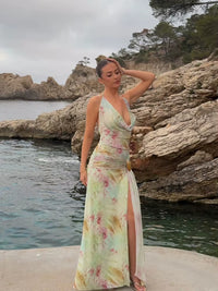 Sexy Floral Print Halter Neck Maxi Dress Women Deep V Neck Sleeveless High Slit Chiffon Bodycon Gown Summer Lady Vacation Robe