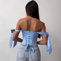 Bandage White Corset Top Women Elegant Black Satin Bustier Fishbone Zip Sexy Sleeveless Streetwear Fashion Summer Blue Clothes
