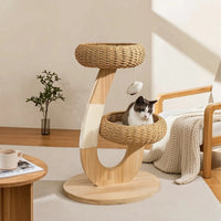 Wooden Cat Tree with Rattan Perch Natural Wood Cat Tree with Perch Pet Furniture Modern Space-Saving for Cats, Indoor