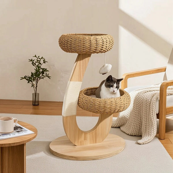Wooden Cat Tree with Rattan Perch Natural Wood Cat Tree with Perch Pet Furniture Modern Space-Saving for Cats, Indoor