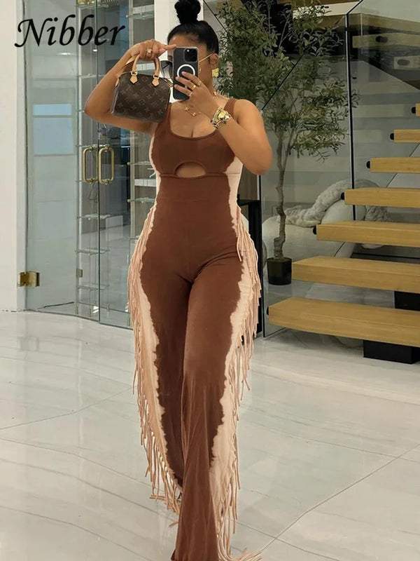 Chic Side Tassel Jumpsuit Women Sexy Hollow Contrast Stretch Summer Fit Sleeveless Elastic Workout Long Overalls