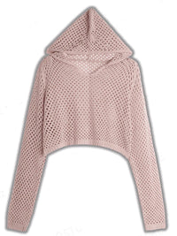 Pointelle Knit Hooded Sweater for Women Sheer Openwork Long Sleeve Boxy-Fit Pullover Crop Top Teen-Girl Spring Summer Y2K Outfit