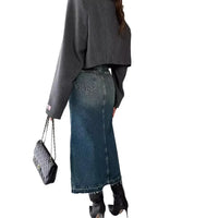 Streetwear Women Vintage Denim Long Skirt Slim High Waist Washed Distressed Button Pockets a Line Casual Female Split Skirts