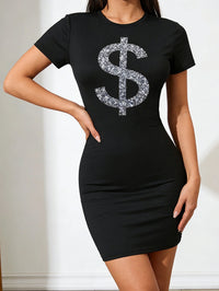 Lady'S Elegant Dollar Sign Pattern Printed Dress - Machine Washable, Suitable for All Seasons, Fashionable and Luxurious