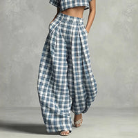 Women Vintage Mock Neck Plaid 2 Piece Outfit Casual Short Sleeve Crop Top High Waist Pleated Wide Leg Harem Pants Summer Outfits