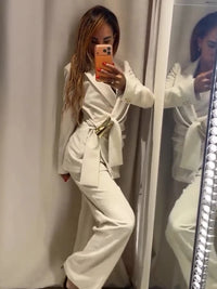 Lapel Coat Long Pant Suit Women Elegant Full Sleeve Waist Cinching Blazer Wide-Leg Pants Set Fashion Lady Daily Commute Outfit