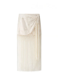 Women'S Fashion Embroidered Sexy Tassel Spliced Skirt Female Temperament High Waist Knot Asymmetrical Casual Midi Skirt