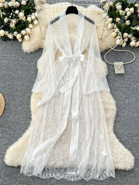 SINGREINY Elegant Sheer Caridigan Long Robes Female Lace up Solid Long Sleeve Robes Fashion Women Transparent Lace Sensual Robes