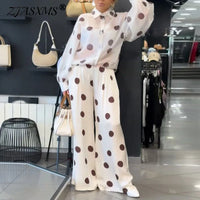 Women See through Polka Dot 2 Piece Sets Lapel Button Shirt High Waist Wide Leg Pants Outfits Casual Loose Summer Vacation Suits