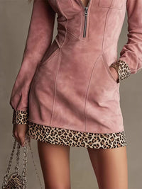 Fashion Retro Faux Suede Mini Dress Leopard Print Lapel Long Sleeve Zipper Dress Early Spring Bodycon Dresses with Pocket