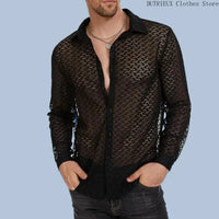 Spring/Summer Hollow-Out Mesh Trend Top Sexy Night Club Party Wear [Star'S Same Style] Men'S Long-Sleeved Lace Perspective Shirt