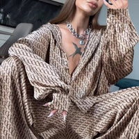 Luxury Chain Print Satin 2 Piece Outfit, Oversized Button down Shirt + High Waist Wide Leg Pants Set for Daily and Vacation