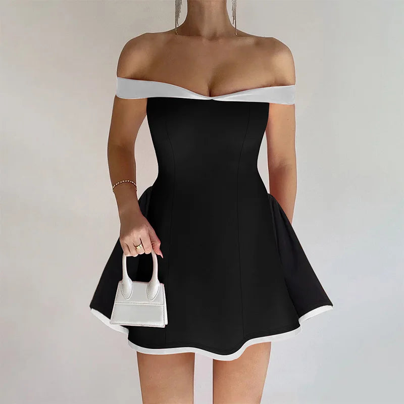 2025Summer Off-Shoulder Strapless Sexy Mini Dress Women Fashion Patchwork Sleeveless Backless High Waist A-Line Club Party Dress