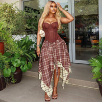 Chic 2026 Summer Camis Tops Women Long Skirts Dress Sets 2 Piece Outfits Vintage Plaid Irregular High Waist Skinny Skirt Y2K