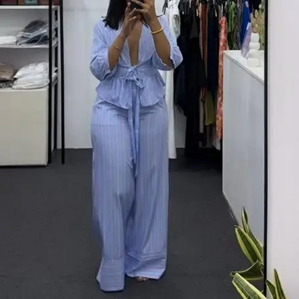 Two Piece Set Women Outfit 2026 New Spring Autumn Fashion Striped V-Neck Long Sleeve Lace up Shirt & Casual Wide Leg Pants Set