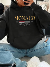 Women'S Autumn and Winter Fashionable Casual Loose Monaco Pattern Printed round Neck Long Sleeved Drawstring Hooded Pullover