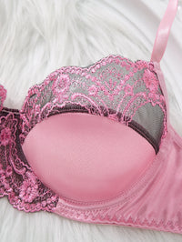Pink Satin Lace Lingerie Set - Gathered Half-Cup Bra Thong Panties - Date-Oriented Sensual Women'S Lingerie ZA825289