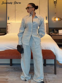 Fashion Solid Two-Piece Set Women'S Lapel Single Breasted Back Lace up Shirt Loose Pants 2026 Summer New Lady Casual Outfit