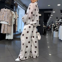 Women See through Polka Dot 2 Piece Sets Lapel Button Shirt High Waist Wide Leg Pants Outfits Casual Loose Summer Vacation Suits