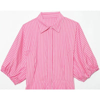 Women'S Striped Shirt New 2026 Spring Casual Short Puff Sleeve Lapel Collar Flared Hem Button Women Shirt & Blouses Female Tops