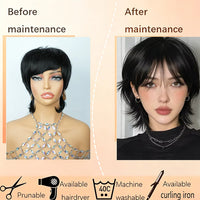 8-Inch Short Mullet Head Wigs with Bangs 100% Real Human Hair Women Black Short Hair Wig for Daily Party Machine Made