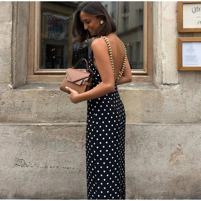 Backless Sexy Polka Dot Beach Dress Women Beaded Strap Slim Party Evening Holiday Long Dresses 2026 Summer Lady Fashion Skirt