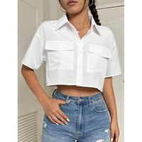 Streetwear Summer Short Sleeved Shirts Women Fashion 2026 New White Pockets Casual Loose Crop Tops Y2K Female Clothes