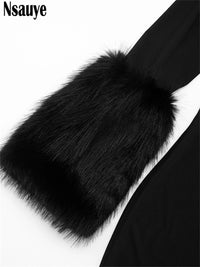 Faux Fur Long Sleeve Elegant New Fashion Casual Basic Pullover Black Dress Women Mini Sexy Club Evening Party Dress 20026