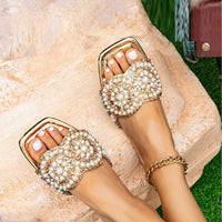 Women'S Summer New Golden Metal Pearl Decorative Slippers Square Bright Diamond Flat Sandals with Pearl Chain Shoulder Bag Set